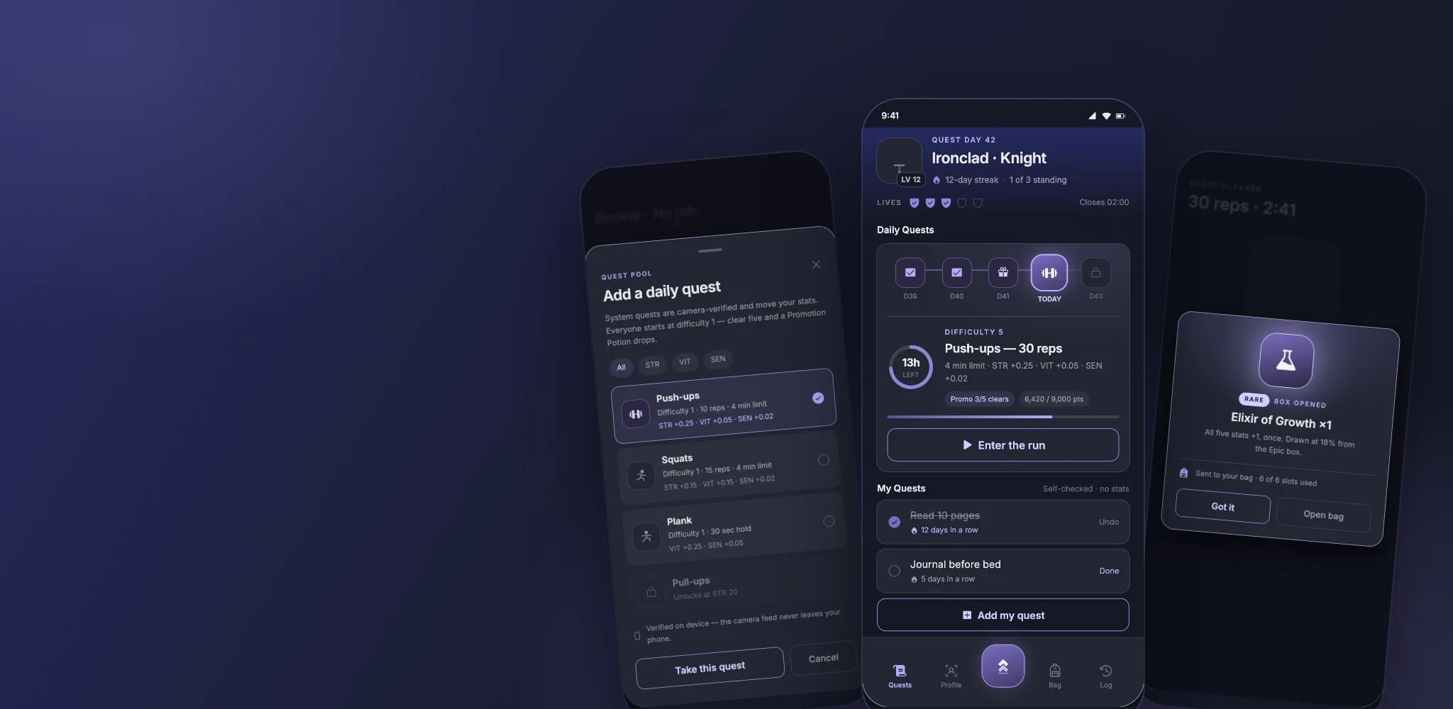 LevelUp Together app screens: quest pool, home, and an opened reward box