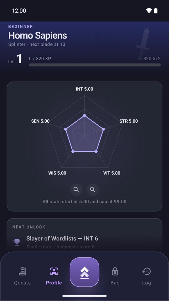 Profile screen with the stat pentagon and the next unlock
